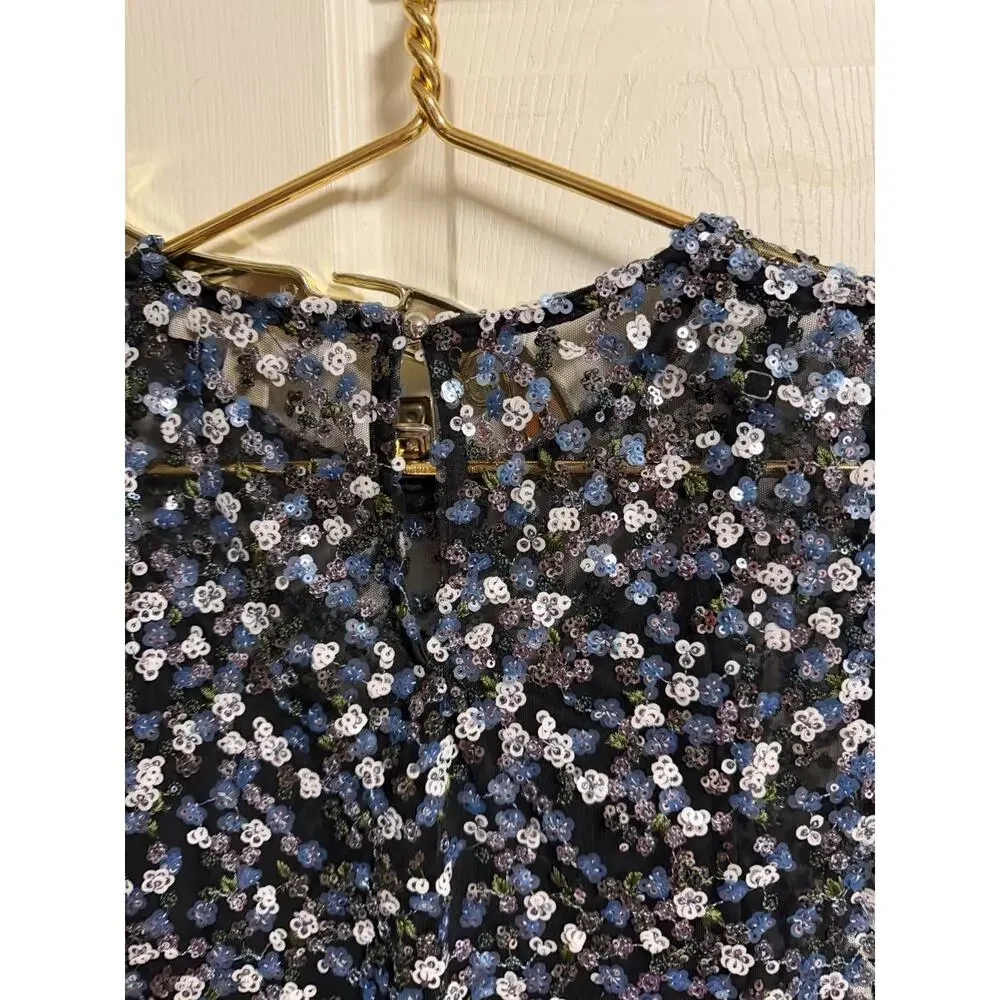 Michael Michael Kors Black Silver Blue Sequinned Sheath Cocktail Dress XS 32x33